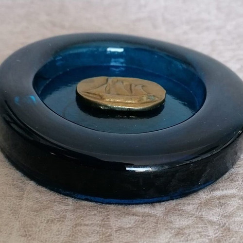 Vintage Paperweight made of Blue Glass with a Bronze Ship Stamp