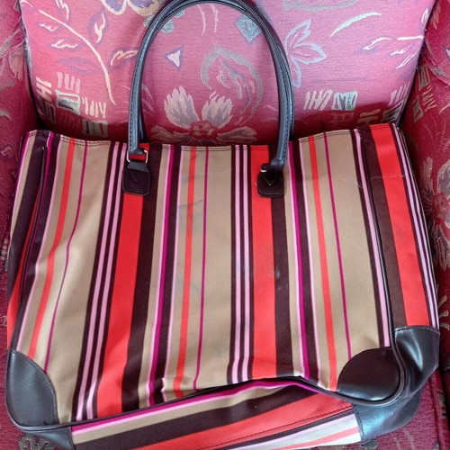 Striped shoulder beach bag used, brown and orange