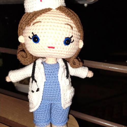 Crochet doctor doll handmade with stethoscope and medical apron
