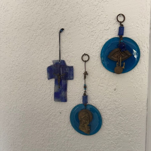 Wall crosses and evil eyes in blue background like new, set of 3