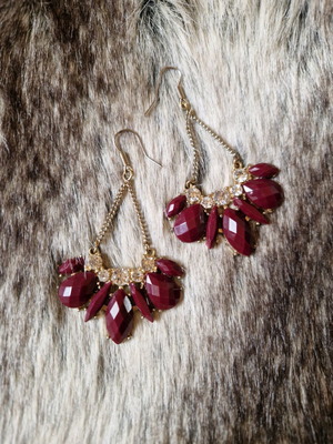 Statement earrings new, maroon and gold tone
