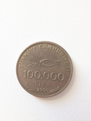 Turkish 100,000 Lira coin used, year 2000