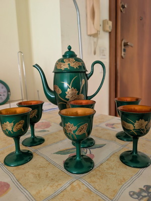 Chinese Sake Set used, enamel, 1 jug and 6 glasses