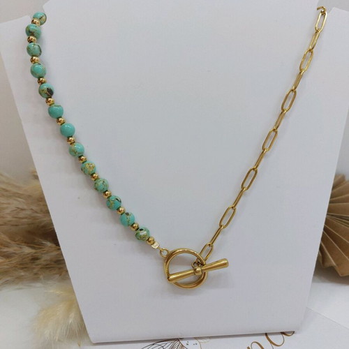 Nephrite semi-precious stone necklace with steel elements new