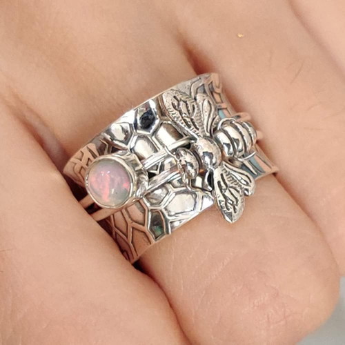 Vintage ring with white opal and bee design, new