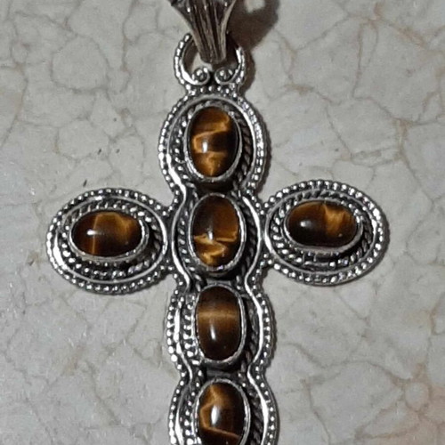 Silver 925 cross with tiger eye semi-precious stones, new