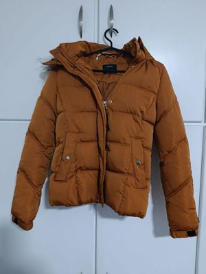 Bershka women's short jacket with fur hood like new, orange, XS