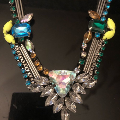 Statement necklace like new with multicolored stones and black satin ribbon