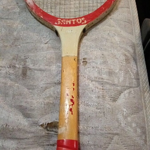 Rackets and cases used, various models including vintage Santos and Wilson