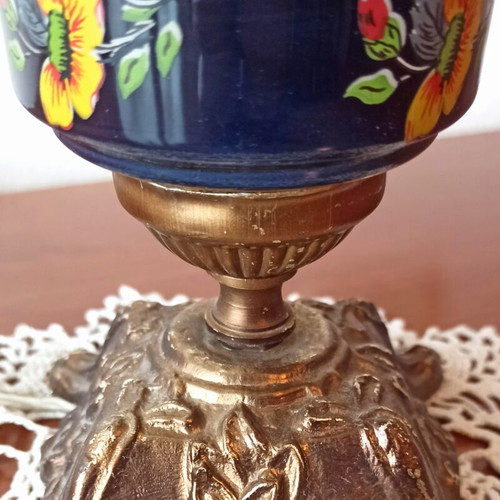 Vintage table lamp with glass shade and decorative metal base used