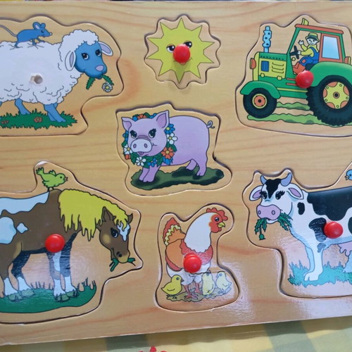 Wooden puzzle used with farm theme, missing one peg