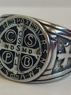 St. Benedict Silver Signet Ring 316L Stainless Steel US 13 New