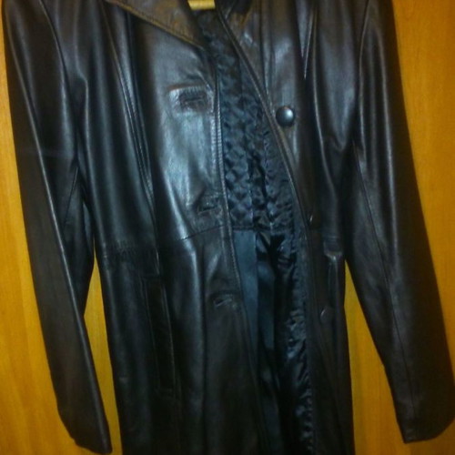 Long leather jacket used, black, genuine leather, vintage