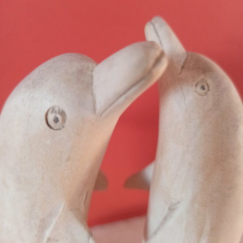 Wooden dolphins decorative sculpture used, height 21 cm