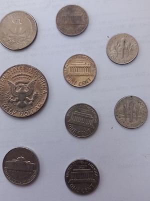 USA coins used, assorted half dollar, quarter, cents, dime