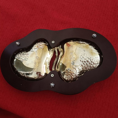Plate for pistachios used, metal silver with wooden base