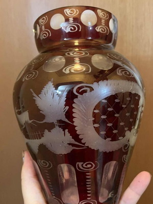 Vintage Egermann Bohemian Ruby Red Cut to Clear Vase like new