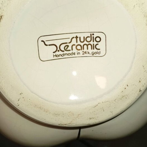 Vintage fondue bowl ceramic with 24k gold like new, lotus design