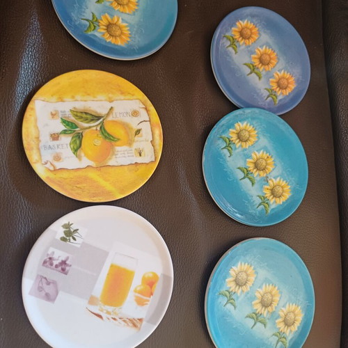 Set of 6 coasters with sunflowers and fruit, new, melamine