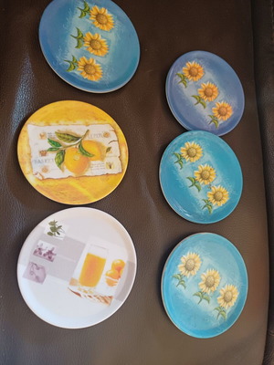 Set of 6 coasters with sunflowers and fruit, new, melamine