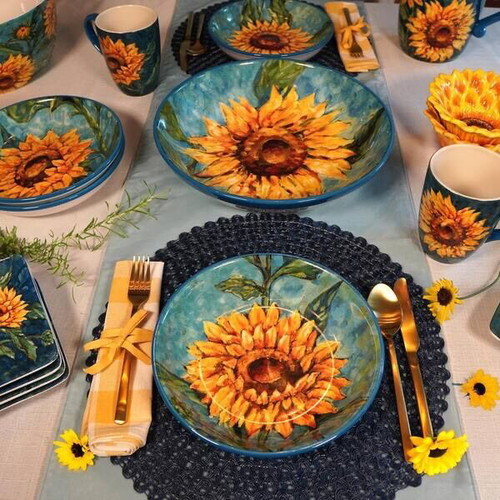Set of 16 elegant sunflower plates and mugs
