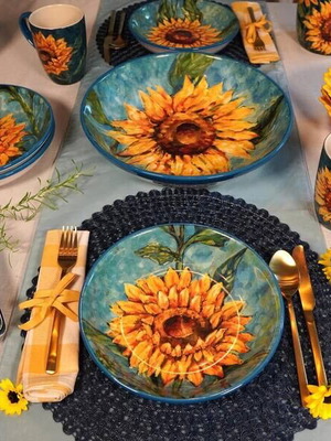 Set of 16 elegant sunflower plates and mugs