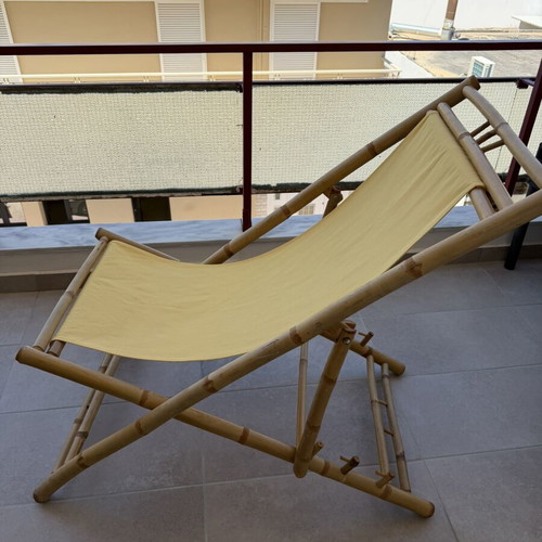 Folding chair sunlounger from natural bamboo with yellow fabric seat, like new
