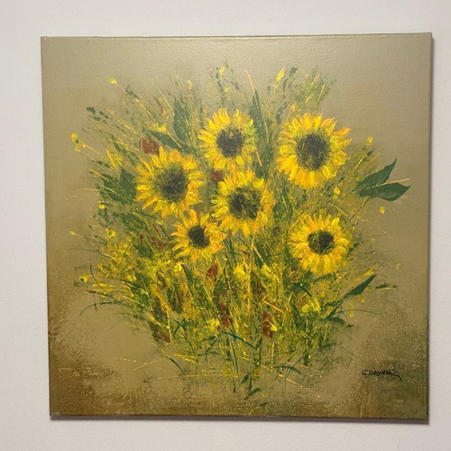 Original Painting by Giorgos Siountas Sunflowers on Beige Background 80×80 Like New