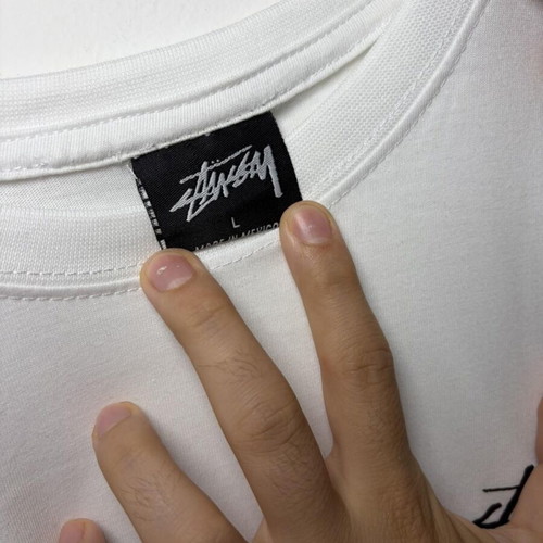 Stüssy T-shirt white with purple dice graphic, size L