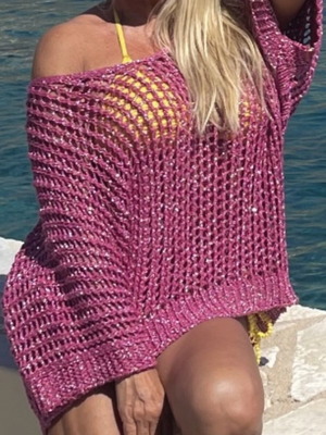 knitted beach top/dress in vibrant fuchsia color with subtle glitter no medium