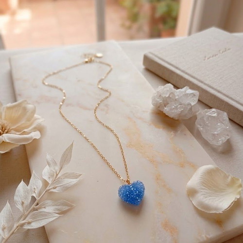 Necklace with blue heart pendant and stainless steel chain, like new