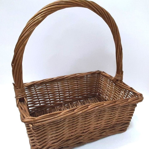 Vintage woven basket 1950s with high handle, natural wicker