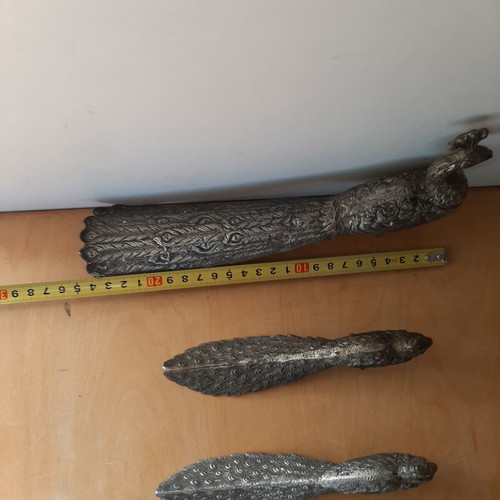 Traditional metal peacocks used, vintage 1950s-60s set