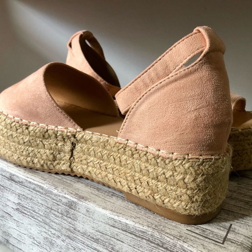 Pink suede platform espadrilles used with elastic ankle strap, size 39