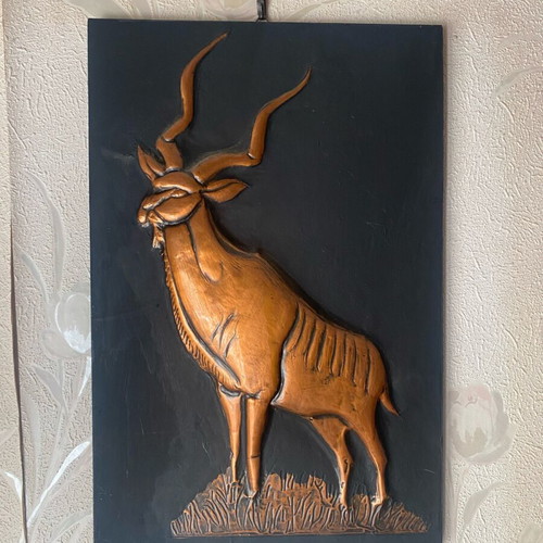 Decorative wall panel with Kudu antelope design in copper and wood like new
