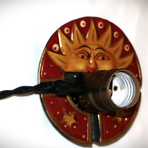 Sun Antique Lamp with Teak Wood Base and Warm Yellow Light