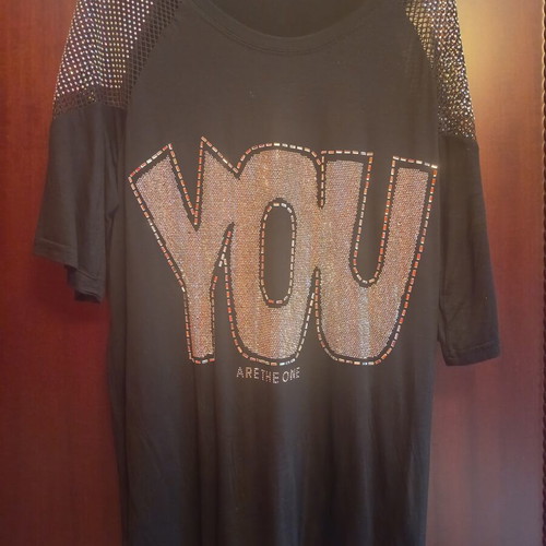Women's black blouse with rhinestones and mesh sleeves, size M