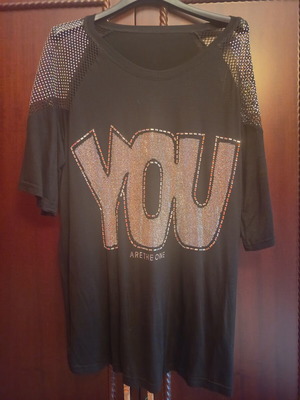 Women's black blouse with rhinestones and mesh sleeves, size M