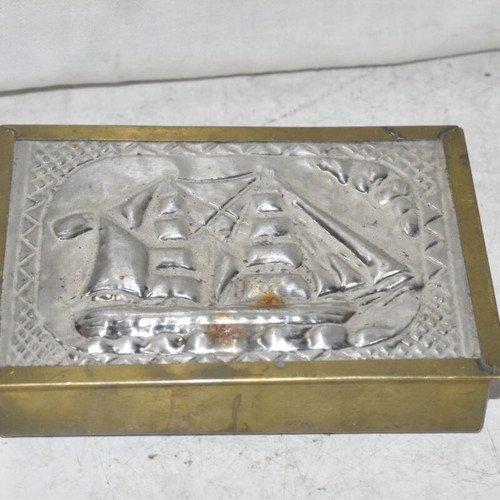 Vintage bronze box with embossed metal sailboat used, nautical decor