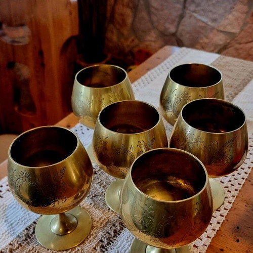Set of 6 used vintage brass brandy glasses 1950s