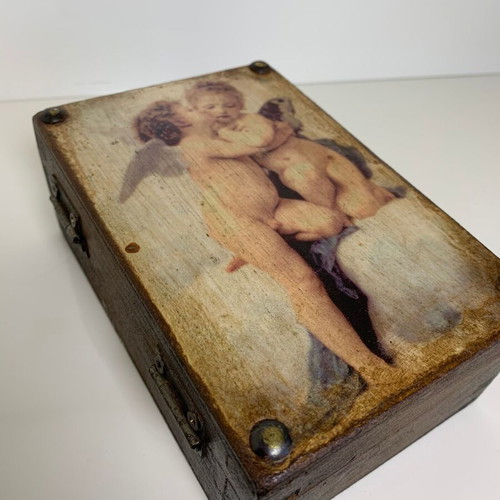Wooden storage box used with angels