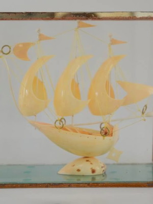 Handmade shell ship in glass case used