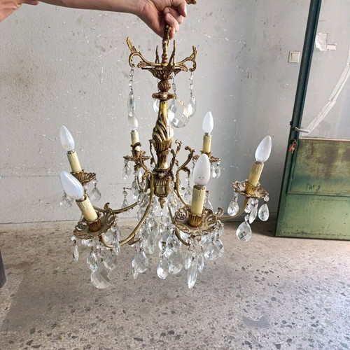 Six-light antique chandelier with crystals like new