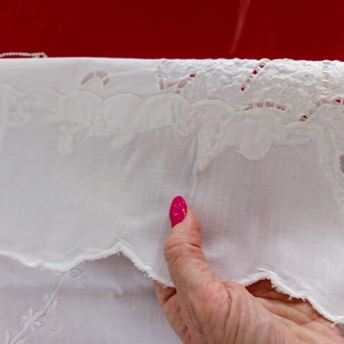 White Tablecloth with Embroidery and Cutwork used, 122x163 cm
