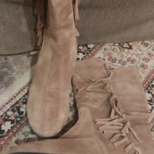 Suede boots with fringes used, size 41, beige brown