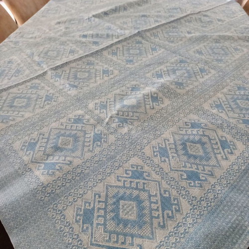 Woven Jacquard Tablecloth used, blue with geometric vintage cotton design