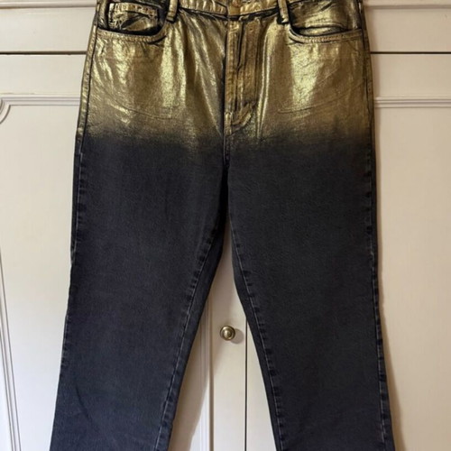 Zara high-waisted Z1975 jeans straight foil line like new, two-tone black and gold