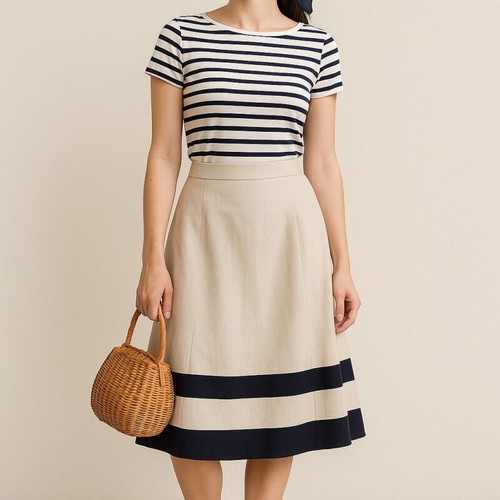 Beige A-line skirt with black stripes like new