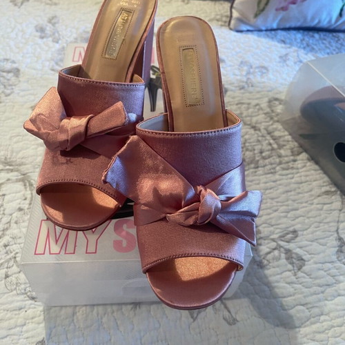 Pink satin mules new with bow and thick square heel Primark