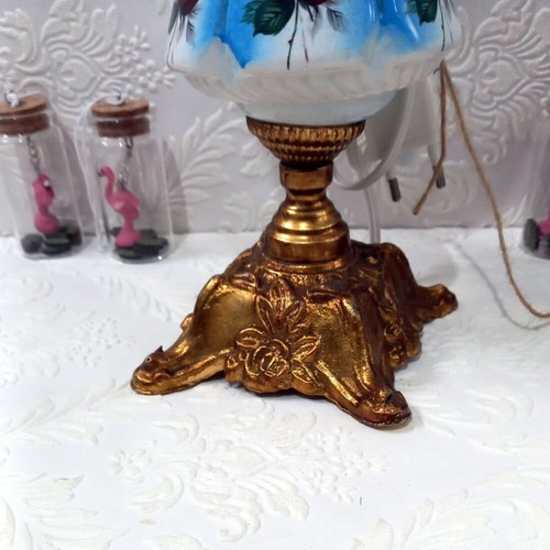 Vintage table lamp with glass chimney and carved brass base used